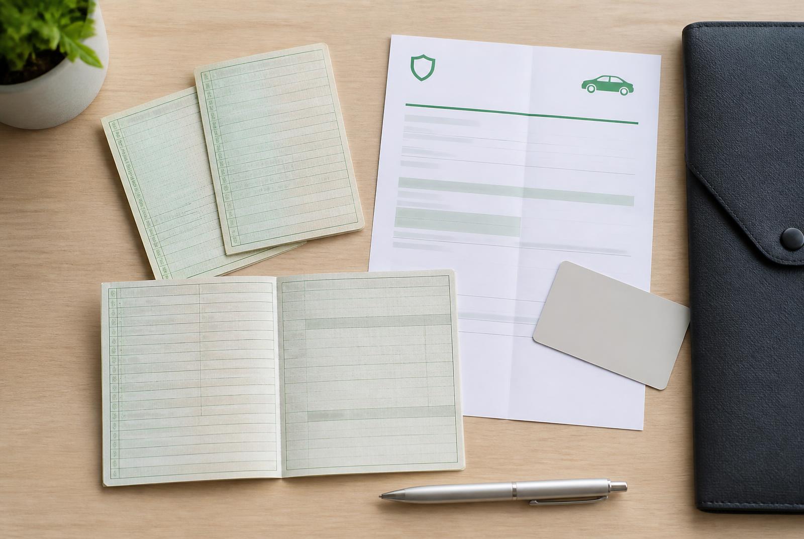 Unterlagen für die Kfz-Zulassung: Zulassungsbescheinigung, Versicherungsbestätigung und Formulare auf einem Schreibtisch